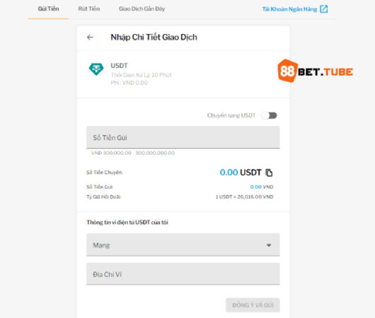 Nạp tiền vào 88BET gọn gàng với USDT
